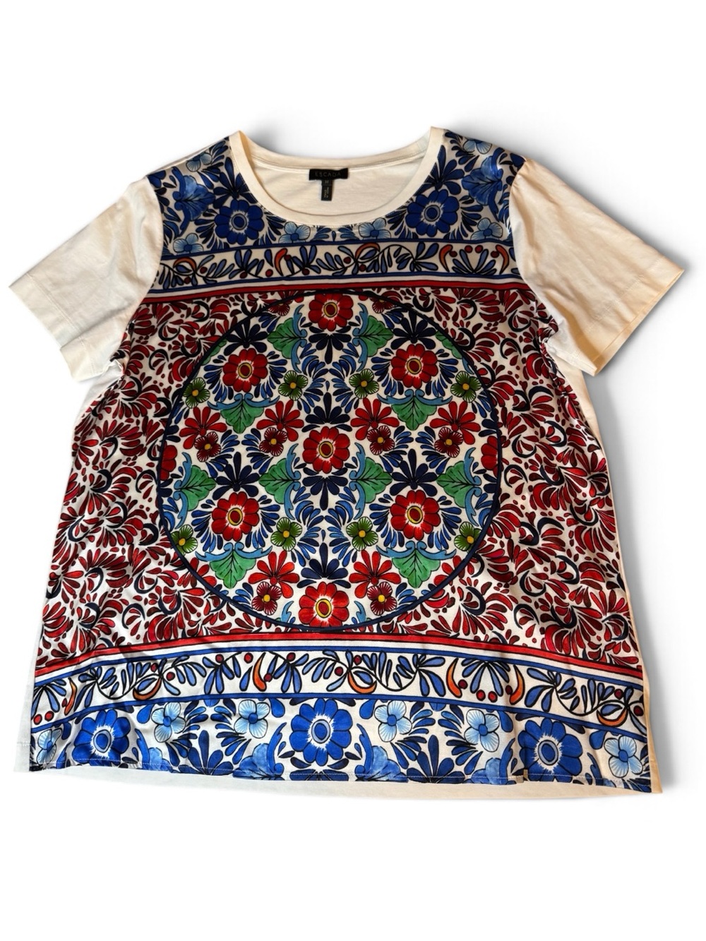 Escada Silk Floral Print Mixed Media Top M